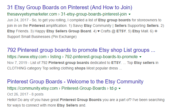 Searching Google for Pinterest Group Boards for Etsy sellers